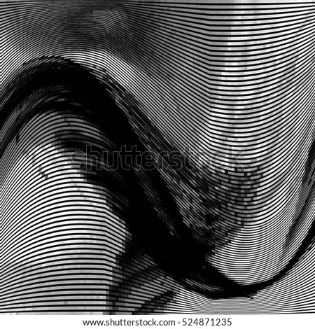 Glitch abstract background with distortion effect, bug, error, random wave black and white, monochrome lines for design concepts, posters, wallpapers, presentations and prints. Vector illustration.