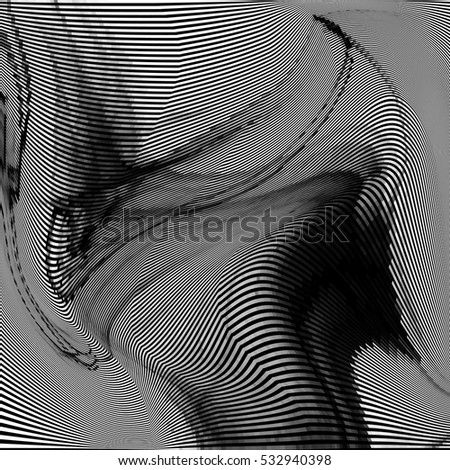 Glitch abstract background with distortion effect, bug, error, random wave black and white, monochrome lines for design concepts, posters, wallpapers, presentations and prints. Vector illustration.