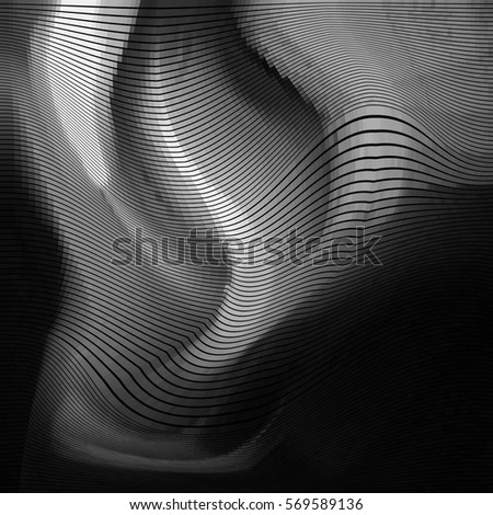 Glitch abstract background with distortion effect, random wave black and white, monochrome lines for design concepts, posters, wallpapers, presentations and prints. Vector illustration.