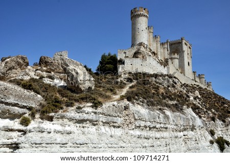 View of famous Penafiel Castle - a fortification perched on a cliff. It\'s architectural style has been named \'great ship\'.