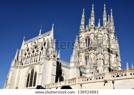 Gothic-style Roman Catholic Cathedral in Burgos, Castile and Leon, Spain. It\'s popular tourist attraction, famous for the architecture style and size, declared a UNESCO World Heritage Site.