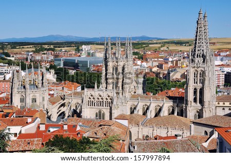 Aerial view of Gothic-style Roman Catholic Cathedral in Burgos, Castile and Leon, Spain. It\'s popular tourist attraction, famous for the unique architecture and declared a UNESCO World Heritage Site.