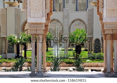 Garden in the Casablanca King Hassan II Mosque, Morocco. It is the largest mosque in Africa with the world\'s tallest minaret