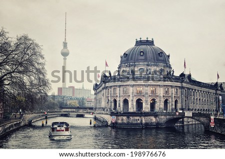 Museum island on Spree river and Alexanderplatz TV tower in Berlin, Germany