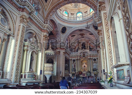 PUEBLA, MEXICO - MARCH 17, 2011: Interior of Church of Our Lady of Remedies located on top of Cholula Pyramid. It is made in the neoclassic style