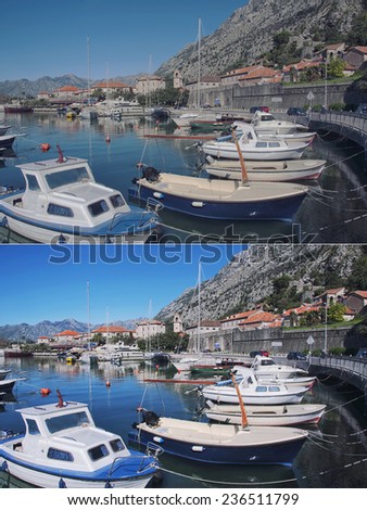Pale and bright photo to switch between. Pier with Yachts in Bay of Kotor. It is a popular summer resort and touristic destination with wonderful mountains in Adriatic coast, Montenegro
