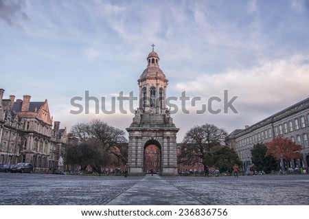 Bell Tower in the courtyard of the Trinity College in Dublin, Ireland at sunset