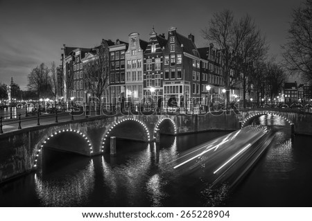 Amsterdam, Netherlands canals and bridges. Night view of Keizersgracht and famous touristic place