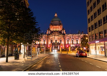 Belfast, UK. Nightlife with city hall in Belfast, UK the capital of Northern Ireland at night with dark blue sky