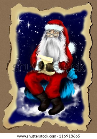 Illustration in old vintage paper or old border with Santa Claus who reading a letter from the children on the starry sky