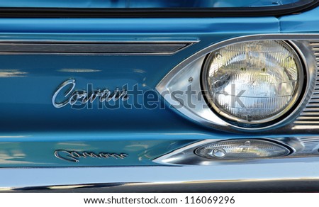 GEORGETOWN, ONTARIO - AUGUST 17: The front view of a vintage Corvair highlighting the front end is shown at The Classics Car Show on August 17, 2012 in Georgetown, Ontario.