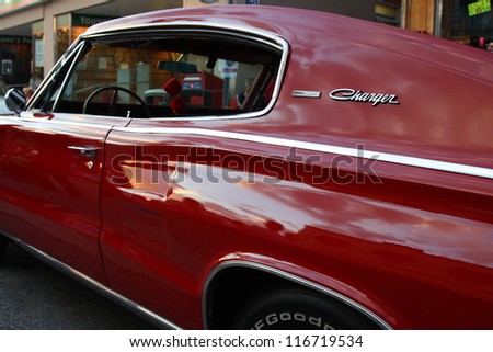 GEORGETOWN, ONTARIO - AUGUST 17: The side rear  view of a vintage Charger highlighting the side profile is shown at The Classics Car Show on August 17, 2012 in Georgetown, Ontario.
