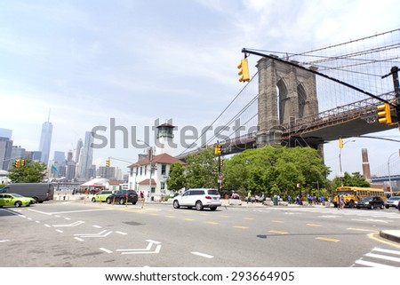 NEW YORK - May 28, 2015: View of Manhattan from Brooklyn Heights by Fulton Street and Furman as seen on May 28,2015.