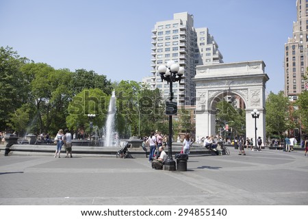 NEW YORK - May 27, 2015: Washington Square Park is one of the best-known of New York City\'s  public parks. At 9.75 acres , it is a landmark in Manhattan in the neighborhood of Greenwich Village.