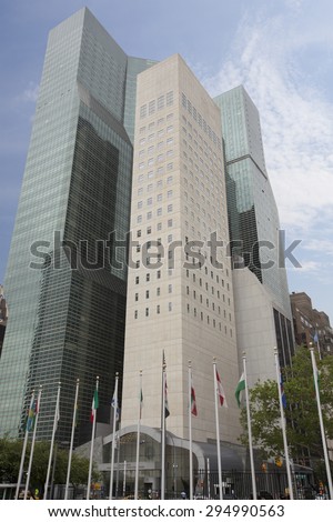 NEW YORK - May 27, 2015: 1 United Nations Plaza, also known as DC-1 and DC-2, behind the United States mission to the United Nations