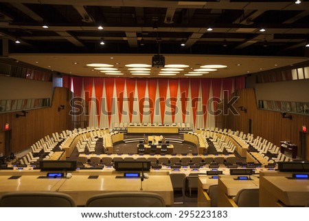 NEW YORK - May 27, 2015: The room of the United Nations Economic and Social Council. UN headquarters, New York