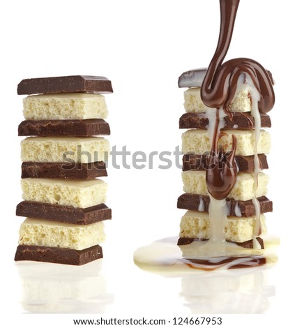 tower stack of chocolate pieces isolated on white background