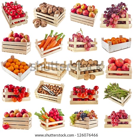 Fresh tasty fruits, vegetables, berries, nuts in a wooden crate box ,collection set  isolated on a white background