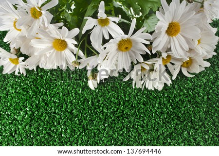 artificial rolled green grass for cover sports field with flowers isolated on white background