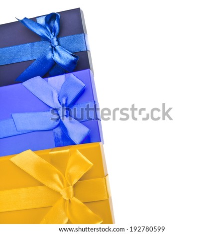Border frame of colorful gift boxes wrapped ribbon  bows isolated on white background