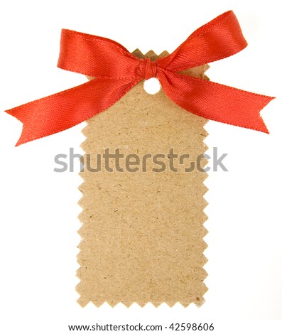 cardboard tags with red ribbon bow isolated on white background