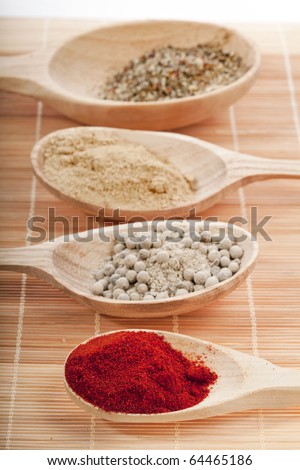 spice powder mix in a wooden spoons on a bamboo napkin