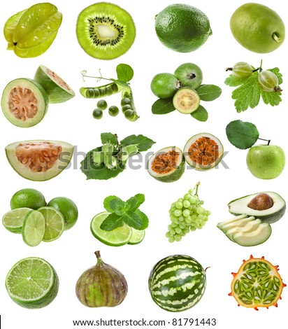 Collection Set Of Green Color Fresh Fruits And Berries Close Up ...