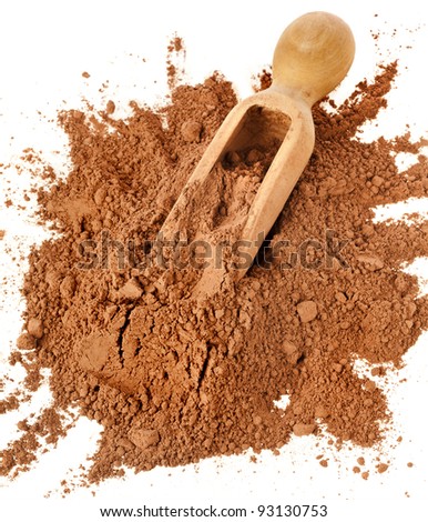 cocoa powder with wooden scoop  isolated on white background