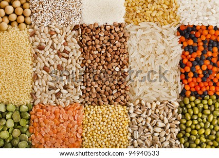Variation  of dry lentils, beans, peas,  grain ,groats,soybeans, legumes, close up macro top view  backdrop