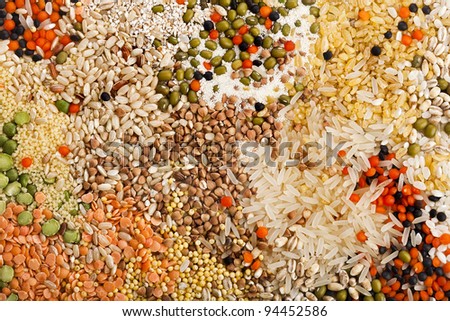 mixture texture of dry lentils, beans, peas, soybeans,groats,  grain ,legumes