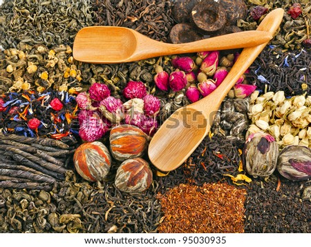 different tea types : green, black, chinese, floral , herbal rooibos with bamboo spoon