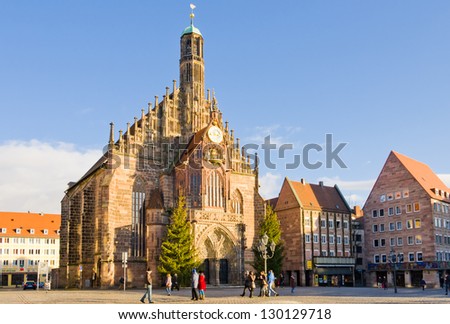 NUREMBERG, GERMANY - JANUARY 06: Frauenkirche (Our Lady\'s Church) on 06 January 2012 in Nuremberg, Bavaria, Germany. Nuremberg accommodates annually more than 2 millions  tourists