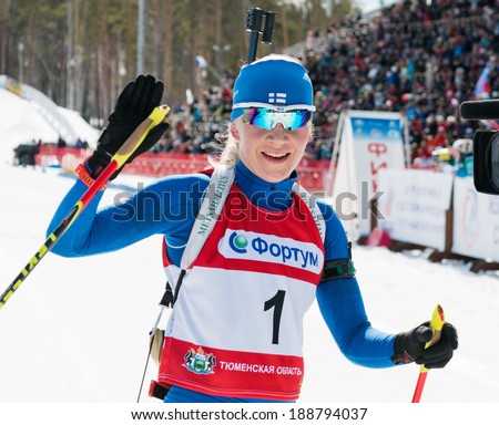 Tyumen, RUSSIA - APR 9, 2014: Kaisa MAKARAINEN (FIN) after finish at Biathlon Women\'s 13.5 km Mega Mass start at  International Biathlon Competition \