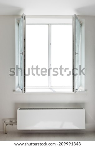White plastic double door window with radiator under it. Domestic room. Isolated window aperture