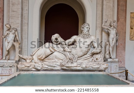 VATICAN CITY, VATICAN - JULY 15 2014: River Tiber sculpture in the Vatican museum, Rome, Italy. The Vatican Museums are the museums of the Vatican City and are located within the city\'s boundaries.
