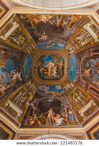 VATICAN CITY, VATICAN - JULY 15: Detail of ceiling in one of galleries of the Vatican Museums. The Vatican Museums are the museums of the Vatican City and are located within the city\'s boundaries.