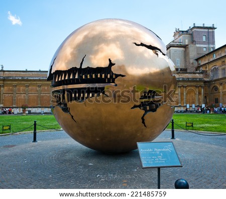 VATICAN CITY, VATICAN - JULY 15 2014: The Sphere within a Sphere, a bronze sculpture by Italian sculptor Arnaldo Pomodoro in the courtyard of Vatican Museum in Vatican.