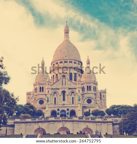 Sacre-Coeur basilica (Basilica of the Sacred Heart of Jesus), Montmartre, Paris.  Instagram style filtred image