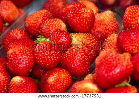 Fresh red summer strawberry on street market. Close up.