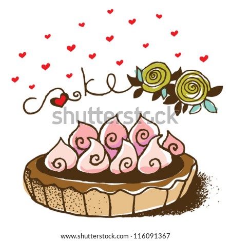 Sweet chocolate cake and flowers for birthday holiday. Vector illustration.