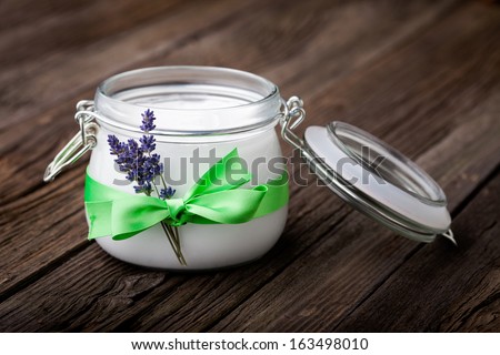 Handmade DIY natural body butter with lavender and coconut oil, almond oil and shea butter