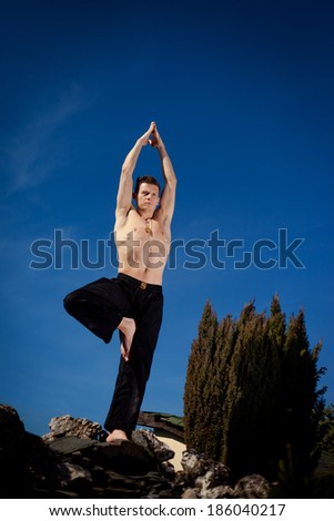 Outdoor yoga session in beautiful garden - young man exercising