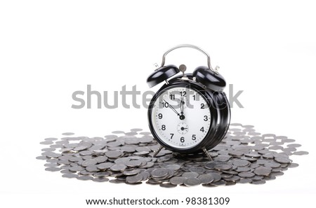 Old vintage clock on a money, coins. Polish zloty currency.