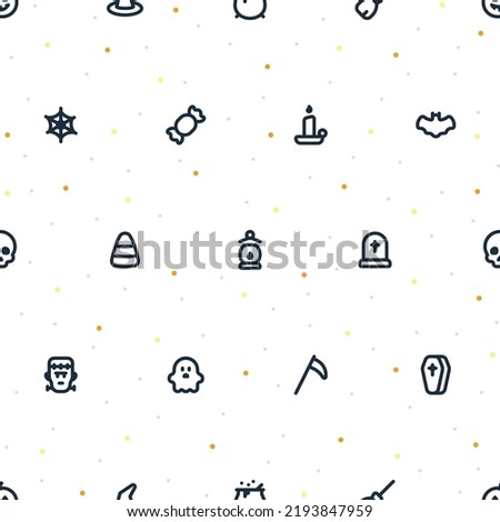 Seamless pattern of small Halloween icons with random dots on transparent background