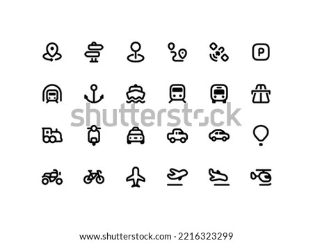 Cute map pointer outline icon set with transportation related line icons