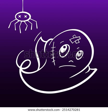 A very sad and lonely ghost vector line art doodle on a dark purple background, perfect for Halloween themes and spooky fun