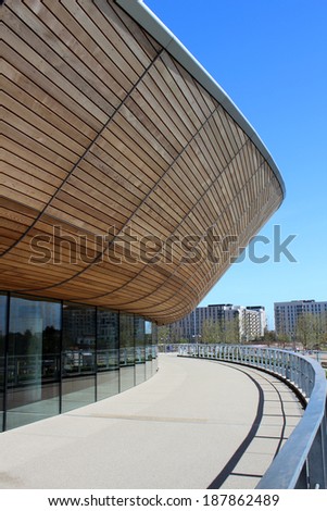LONDON - APRIL 5. The new Queen Elizabeth Olympic Park on April 5, 2014, the opening day of the landscaped public area with the VeloPark cycling arena, in Stratford, London, UK.
