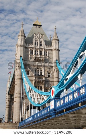 Tower Bridge over River Thames from low angle, London, England