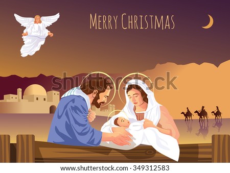 Christmas Christian nativity scene with baby Jesus and angels