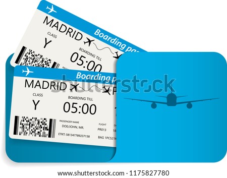 Vector illustration of blue airline tickets or boarding pass inside of special service envelope. Travel or tourism concept.
